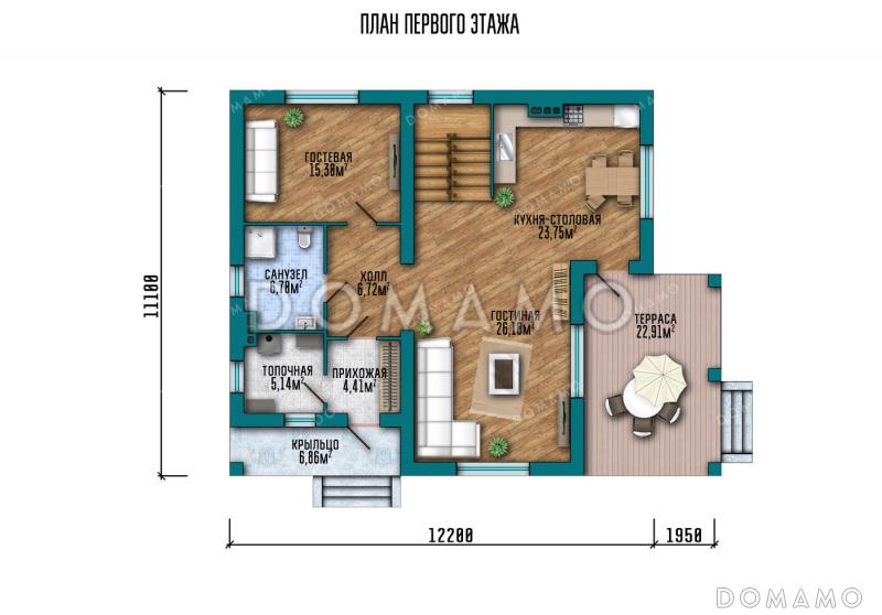 Проект дома с 4 спальнями, высокими окнами и крытой террасой / План 1 этажа