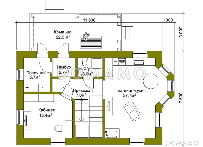Проект компактного коттеджа из кирпича с балконом. / План 1 этажа