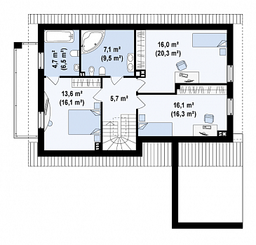 Проект одноэтажного мансардного дома из кирпича с балконом и с фронтальным пристроенным гаражом / План мансардного этажа