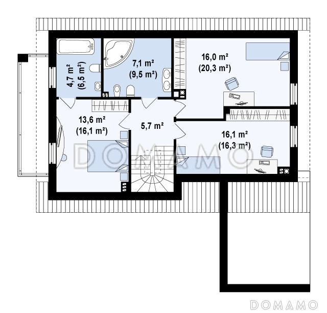 Проект одноэтажного мансардного дома из кирпича с балконом и с фронтальным пристроенным гаражом / План мансардного этажа