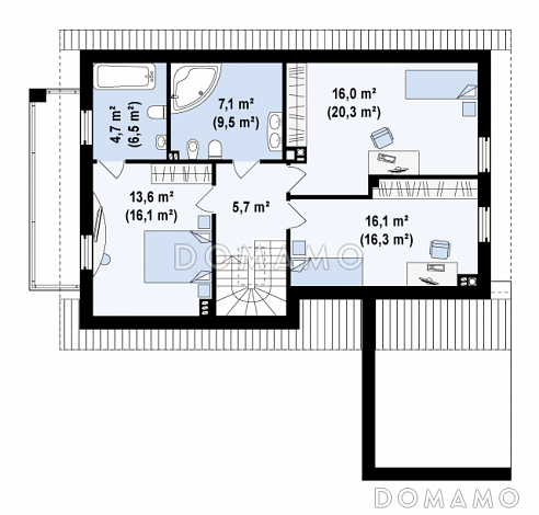 Проект одноэтажного мансардного дома из кирпича с балконом и с фронтальным пристроенным гаражом / План мансардного этажа