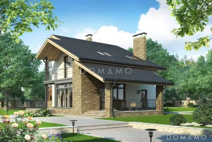 Проект дома с террасами, мансардными окнами, кухней-столовой