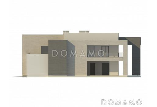 Проект большого современного двухэтажного дома из кирпича необычной формы, с тремя спальнями и кабинетом, сауной и гаражом / Фасад 4