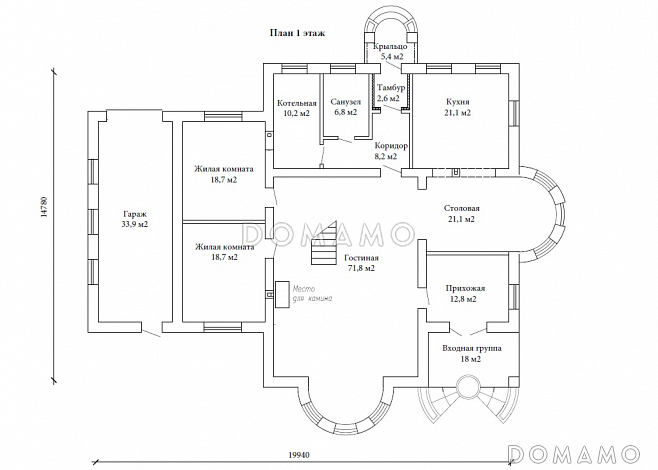 Проект двухэтажного дома в византийском стиле из газобетона с двумя круглыми эркерами и гаражом / План 1 этажа Проект двухэтажного дома в византийском стиле из газобетона с двумя круглыми эркерами и гаражом / План 1 этажа