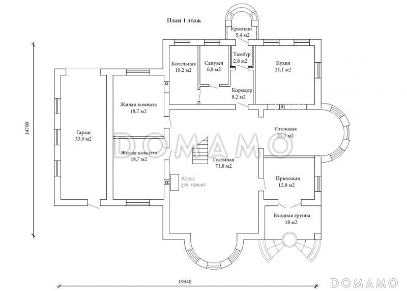 Проект двухэтажного дома в византийском стиле из газобетона с двумя круглыми эркерами и гаражом / План 1 этажа