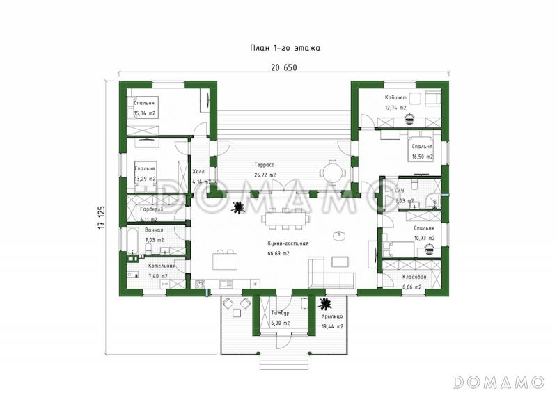 Проект П-образного дома с мансардой, мастер-спальней, кабинетом и вторым светом / План 1 этажа