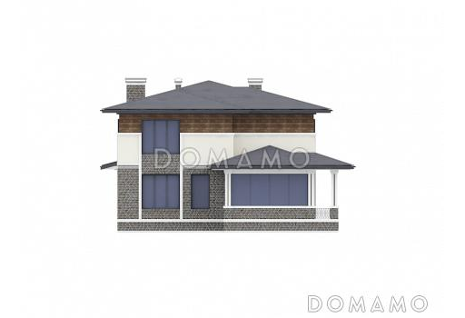 Проект двухэтажного дома в стиле Райта с кухней-столовой, застекленной террасой, постирочной на втором этаже / Фасад 2