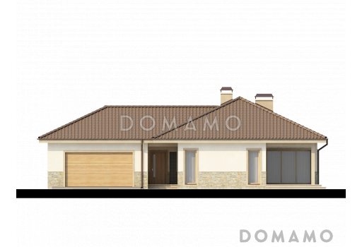 Проект просторного одноэтажного дома из газобетона с тремя спальнями, большой гардеробной и гаражом на два автомобиля / Фасад 1