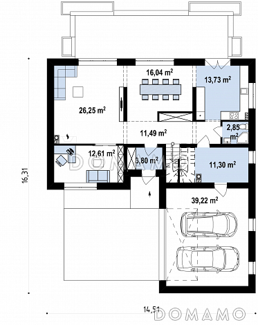 Проект комфортного одноэтажного мансардного дома из кирпича с гаражом и террасой над ним / План 1 этажа