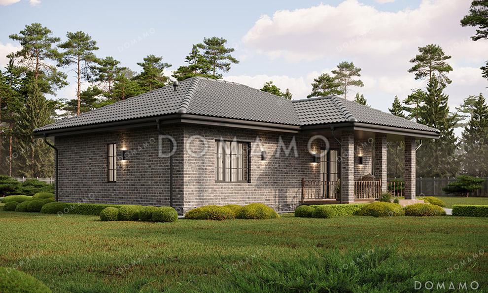 Проект одноэтажного дома с общей вальмовой кровлей над входной группой и террасой и отделкой фасада кирпичом / 2