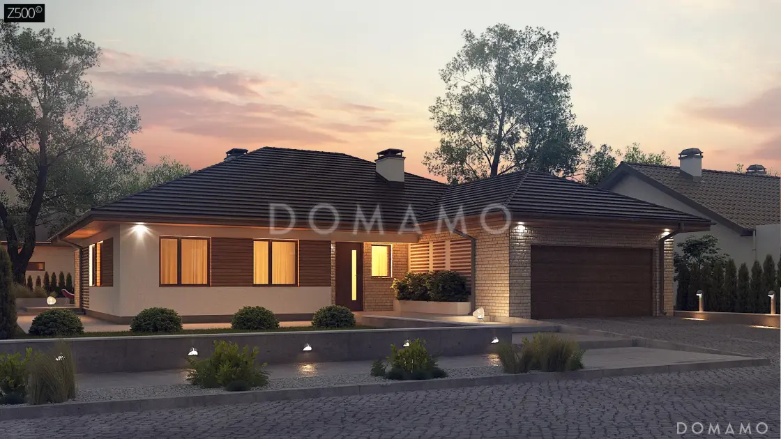 Проект одноэтажного кирпичного дома с гаражом на 2 автомобиля и подвалом / 1