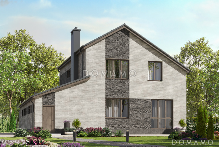 Проект двухэтажного газобетонного дома с гаражом и объединенной спальней, гардеробной и кабинетом Проект двухэтажного газобетонного дома с гаражом и объединенной спальней, гардеробной и кабинетом