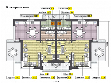 Проект дома на две семьи с террасой, котельной, кухней-столовой и большой гостиной, кабинетом / План 1 этажа Проект дома на две семьи с террасой, котельной, кухней-столовой и большой гостиной, кабинетом / План 1 этажа