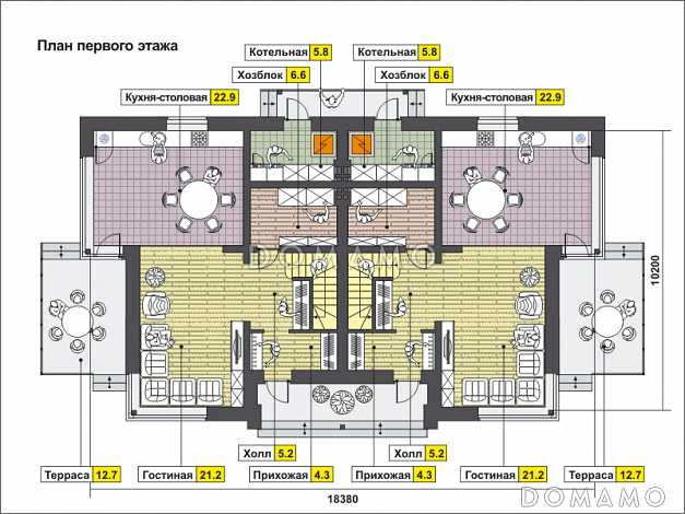 Проект дома на две семьи с террасой, котельной, кухней-столовой и большой гостиной, кабинетом / План 1 этажа Проект дома на две семьи с террасой, котельной, кухней-столовой и большой гостиной, кабинетом / План 1 этажа