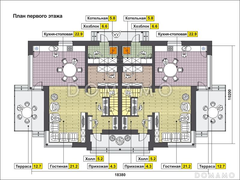 Проект дома на две семьи с террасой, котельной, кухней-столовой и большой гостиной, кабинетом / План 1 этажа