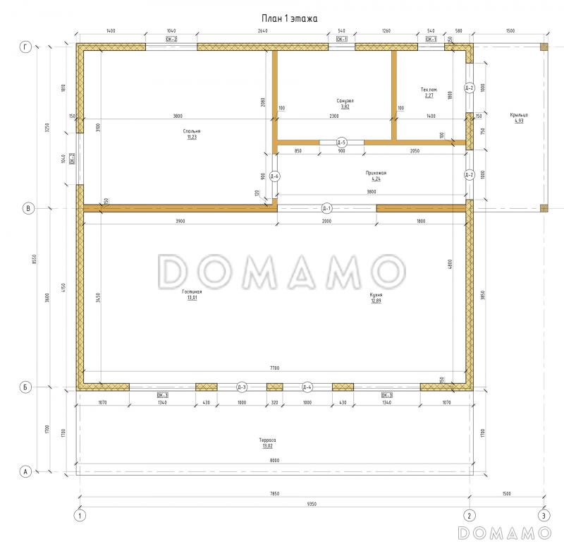 Проект каркасного дома со спальней наверху и вторым светом / План 1 этажа