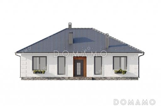 Проект квадратного одноэтажного дома с отделкой декоративной штукатуркой, террасой под общей вальмовой крышей и большой совмещенной кухней-гостиной / Фасад 4