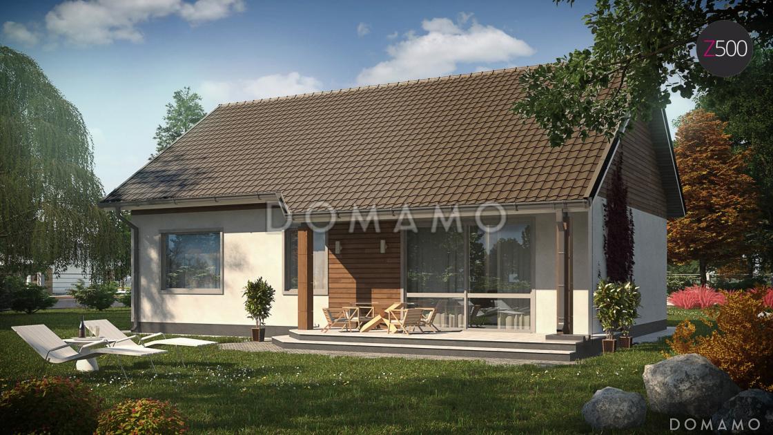 Проект компактного одноэтажного дома из кирпича с острой крышей, с тремя спальнями и небольшой крытой террасой / 1