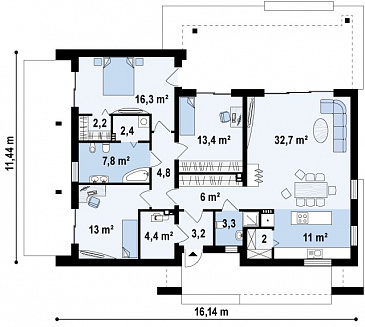Проект современного одноэтажного дома из газобетона с тремя спальнями и необычными элементами дизайна / План 1 этажа Проект современного одноэтажного дома из газобетона с тремя спальнями и необычными элементами дизайна / План 1 этажа