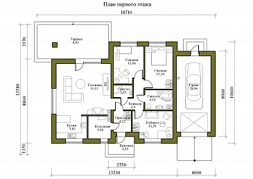 Проект одноэтажного дома с пристроенным гаражом и крытой террасой / План 1 этажа Проект одноэтажного дома с пристроенным гаражом и крытой террасой / План 1 этажа