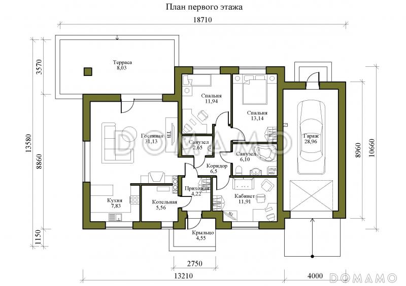 Проект одноэтажного дома с пристроенным гаражом и крытой террасой / План 1 этажа