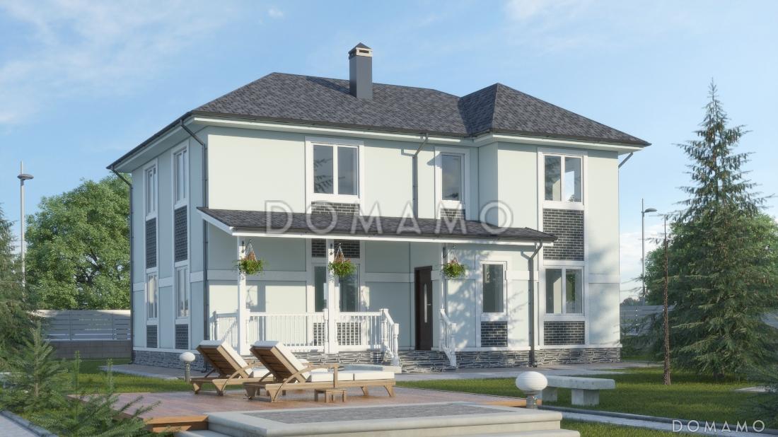 Проект двухэтажного дома с террасой, большой кухней-гостиной, кладовой / 1