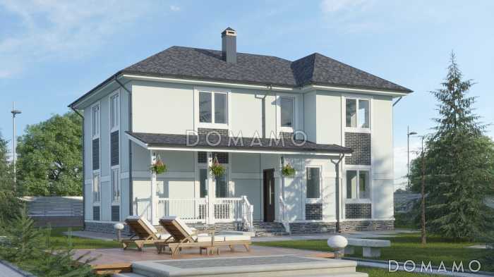 Проект двухэтажного дома с террасой, большой кухней-гостиной, кладовой Проект двухэтажного дома с террасой, большой кухней-гостиной, кладовой