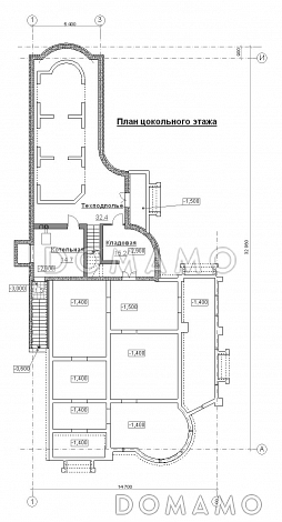 Проект коттеджа с двусветной гостиной и бассейном с сауной / План цокольного этажа