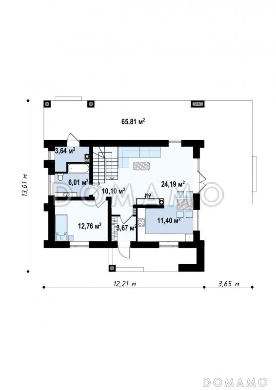 Проект современного двухэтажного дома из кирпича с четырьмя комнатами и уютной частично крытой террасой / План 1 этажа