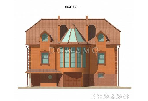 Проект двухэтажного дома с мансардой, с гаражом, с сауной, бассейном и вторым светом  / Фасад 1