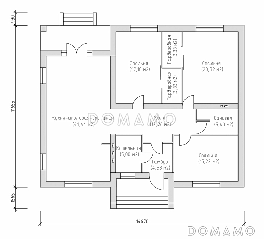 Проект компактного одноэтажного дома из SIP панелей с тремя спальнями и большой гостиной / План 1 этажа