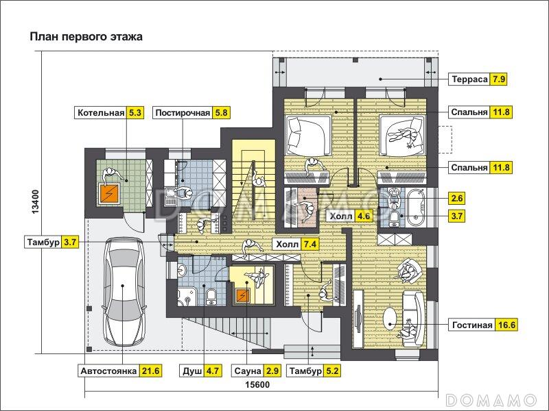 Проект дома с автостоянкой, барбекю на террасе, вторым светом, сауной, лоджией и небольшим балконом / План 1 этажа