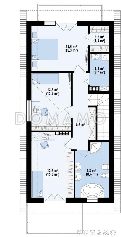 Проект одноэтажного мансардного дома из газобетона с гаражом для узкого участка / План мансардного этажа