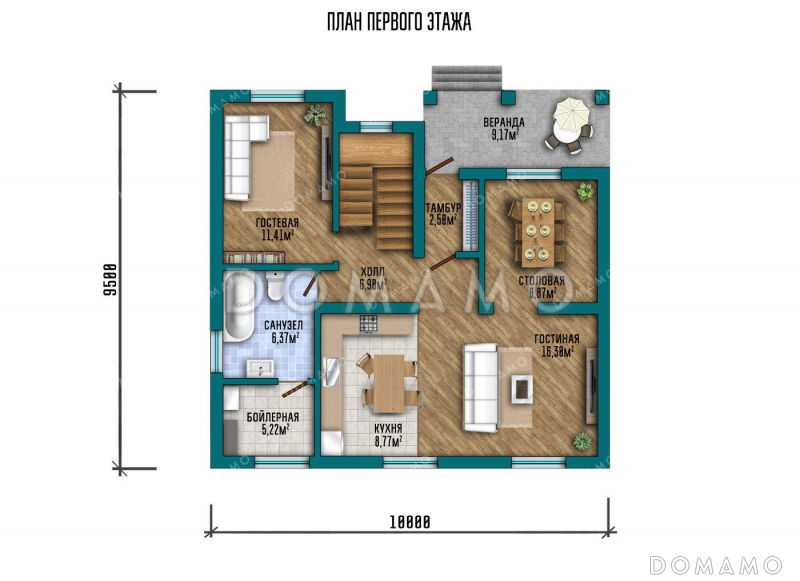 Проект дома с мансардой и верандой / План 1 этажа