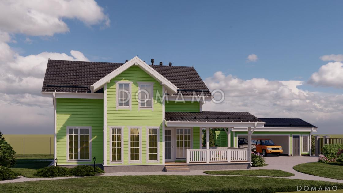 Проект каркасного дома с мансардой, 5 спальнями, гостиной-столовой и крытой террасой / 3