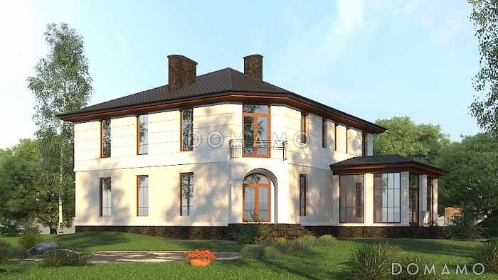 Проект дома с входом с угла здания, террасами, кладовой в кухне, сауной, хозяйской спальней и детскими Проект дома с входом с угла здания, террасами, кладовой в кухне, сауной, хозяйской спальней и детскими