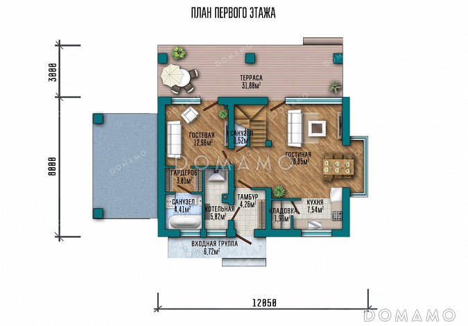 Проект дома с мансардой и навесом для авто / План 1 этажа Проект дома с мансардой и навесом для авто / План 1 этажа