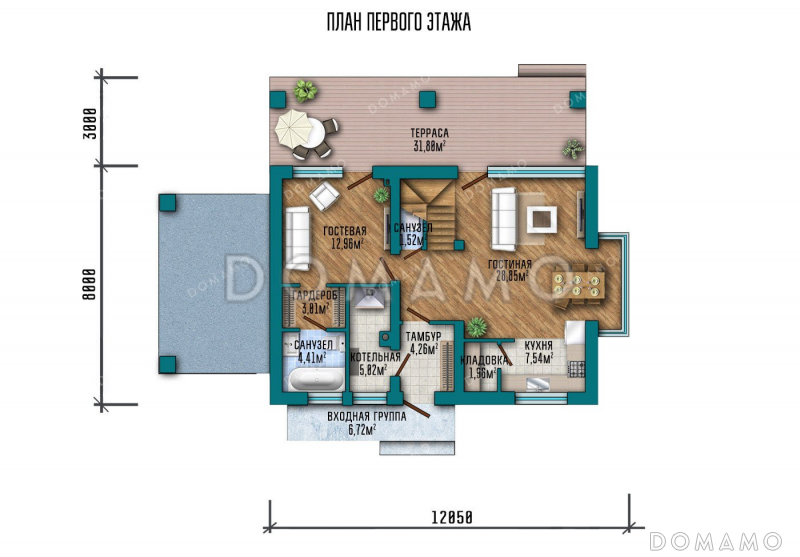 Проект дома с мансардой и навесом для авто / План 1 этажа