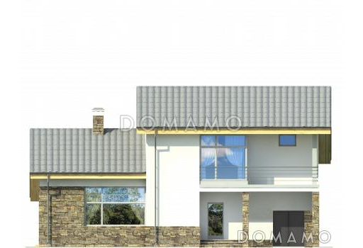 Проект дома с крытой террасой, гостиной с камином, большой кладовой, спальней на первом этаже, вторым светом, остекленной лоджией и балконом / Фасад 1