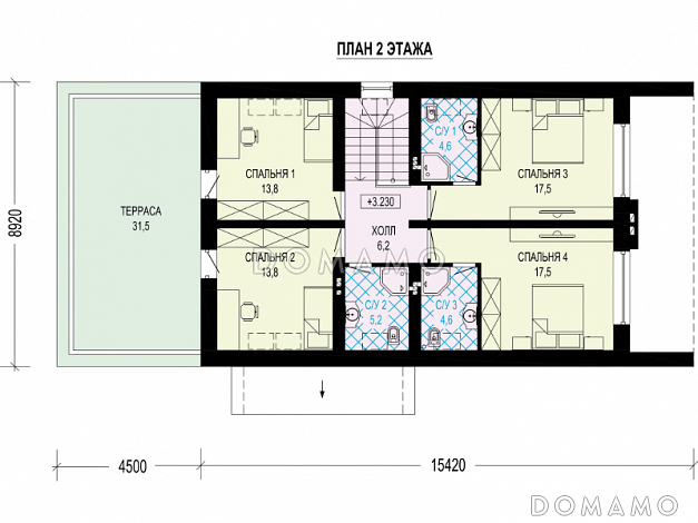 Проект дома с гаражом, хозяйской комнатой, террасами / План мансардного этажа