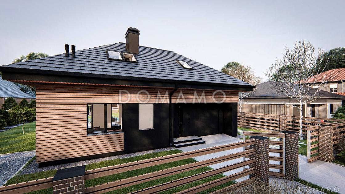 Проект комфортного одноэтажного загородного дома с мансардой, гаражом, санузлом на первом этаже, просторной дневной зоной / 1