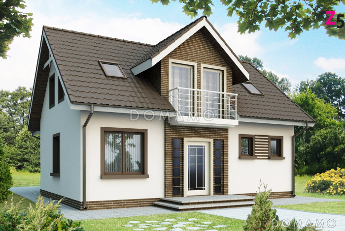 Проект одноэтажного мансардного дома из газобетона с балконом над входом Проект одноэтажного мансардного дома из газобетона с балконом над входом