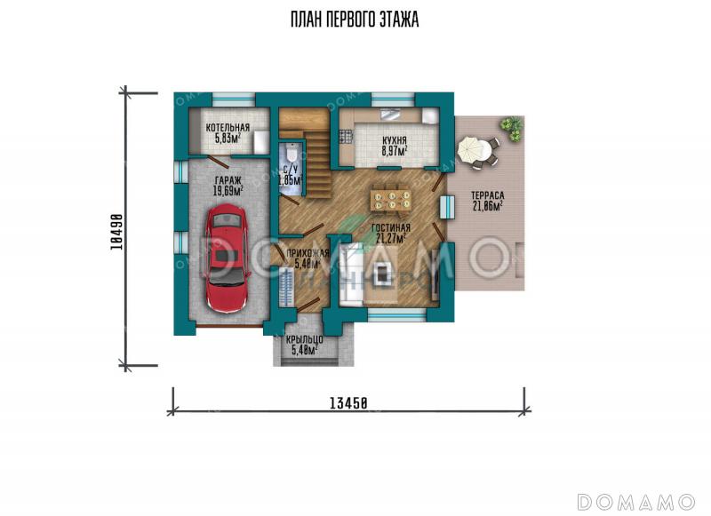 Проект домика с мансардой и встроенным гаражом / План 1 этажа