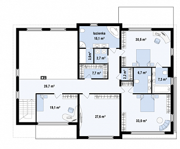 Проект большого комфортабельного двухэтажного дома из кирпича с пятью комнатами, спортзалом и вторым светом над просторной гостиной / План 2 этажа Проект большого комфортабельного двухэтажного дома из кирпича с пятью комнатами, спортзалом и вторым светом над просторной гостиной / План 2 этажа