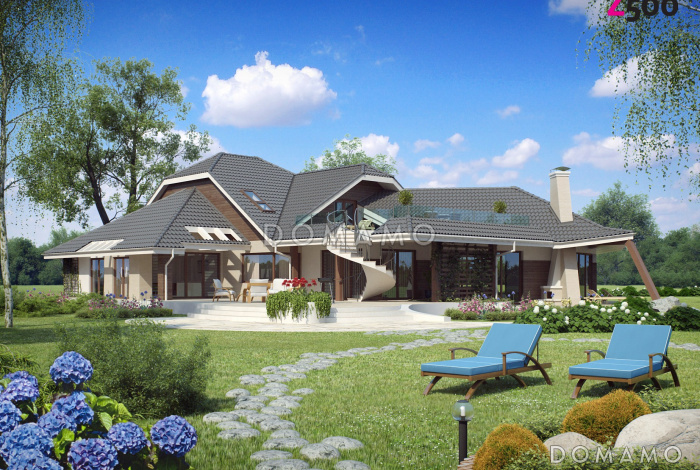 Проект красивого просторного мансардного коттеджа из кирпича с террасой на втором уровне