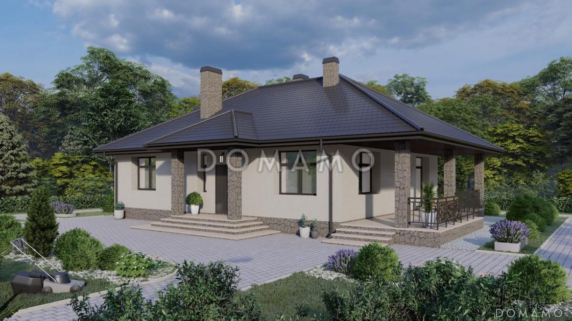 Проект дома из газобетона с большой гостиной, камином и 3 спальнями / 1