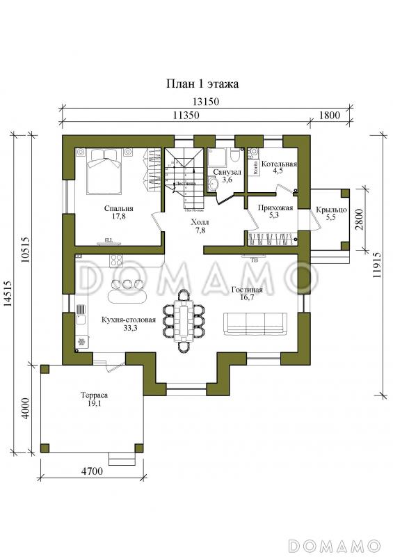 Проект двухэтажного дома с крытой террасой и четырьмя спальнями / План 1 этажа