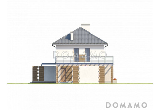 Проект двухэтажного дома из газобетона с четырьмя комнатами, гаражом и открытой террасой над ним / Фасад 1