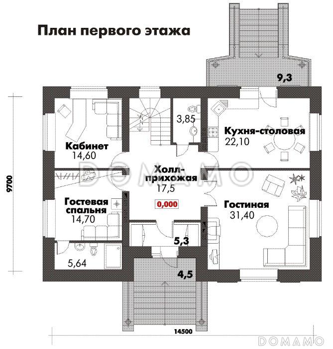 Проект дома с цокольным этажом, бильярдной и тренажерным залом / План 1 этажа