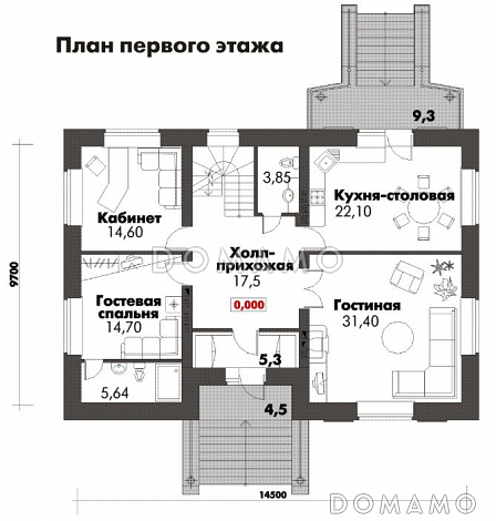 Проект дома с цокольным этажом, бильярдной и тренажерным залом / План 1 этажа Проект дома с цокольным этажом, бильярдной и тренажерным залом / План 1 этажа